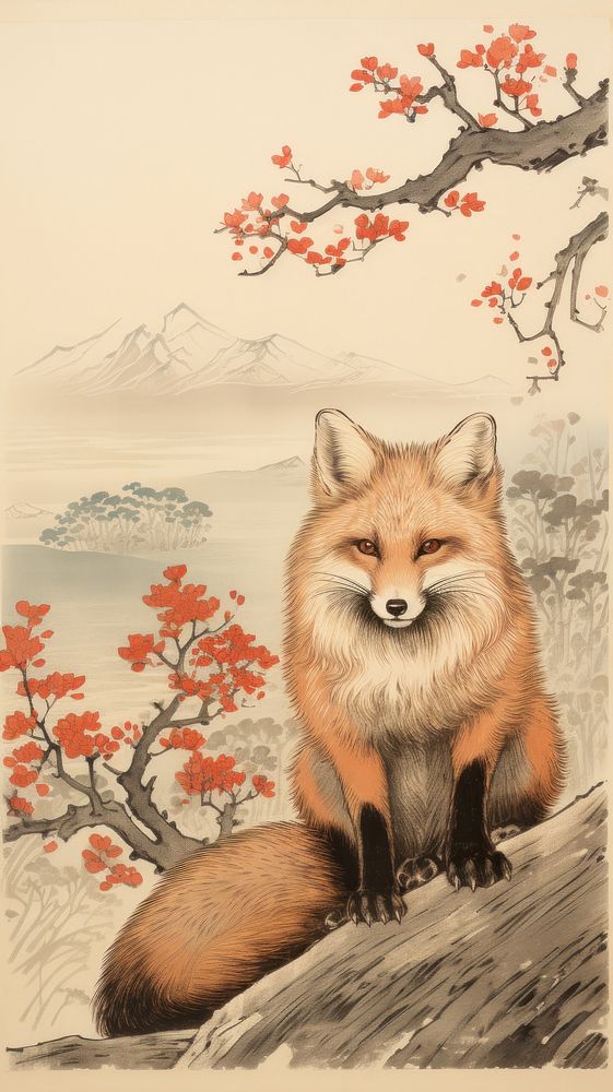 Japanese wood block print illustration of red fox animal mammal carnivora.
