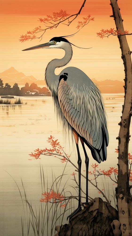Japanese wood block print illustration of heron animal bird reflection.
