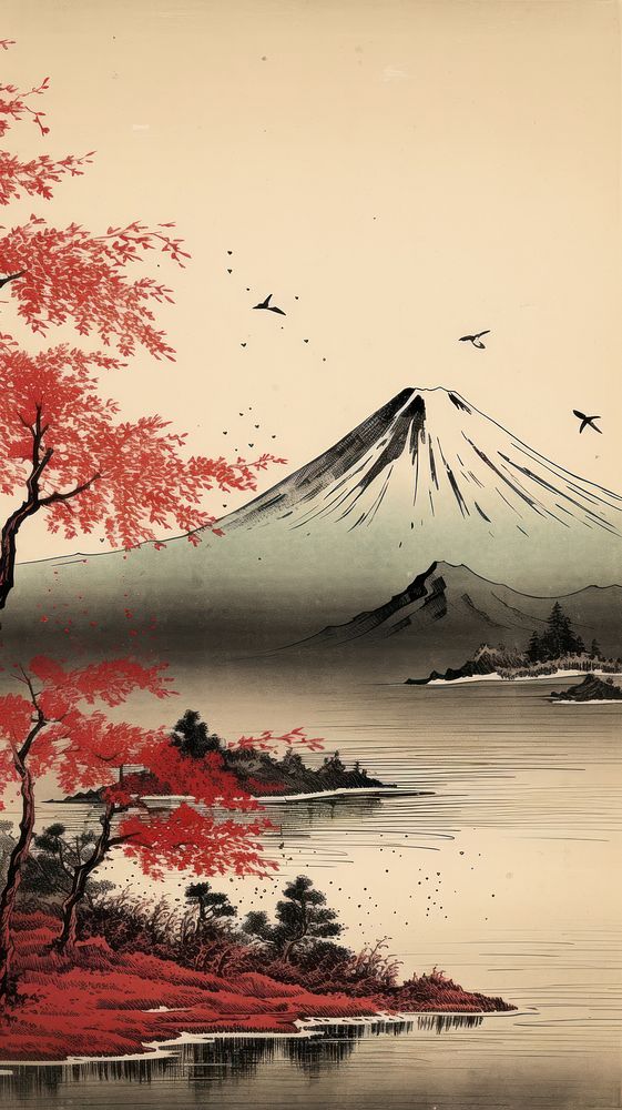 Japanese wood block print illustration of mount fuji landscape mountain outdoors.
