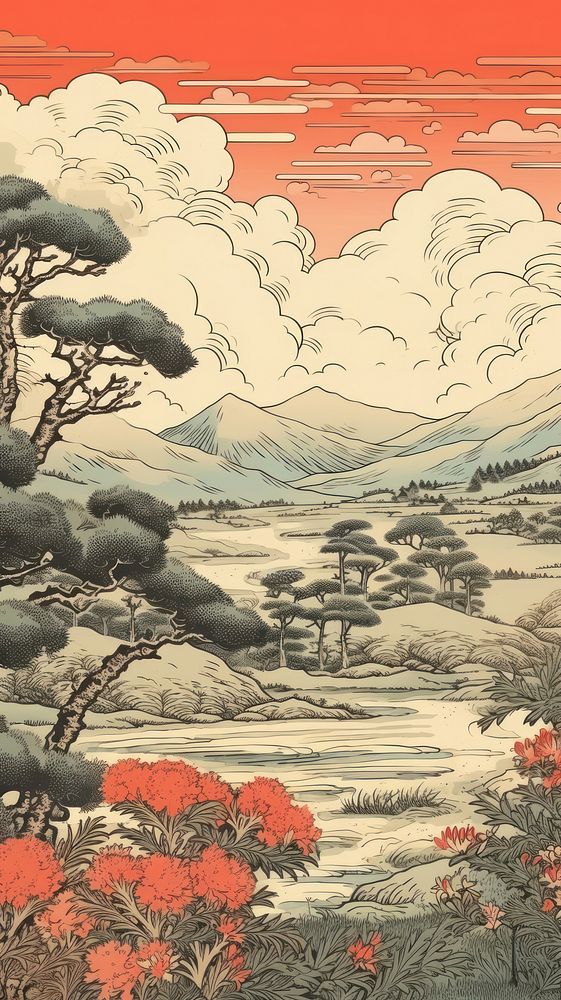 Japanese wood block print illustration of countryside outdoors drawing sketch.