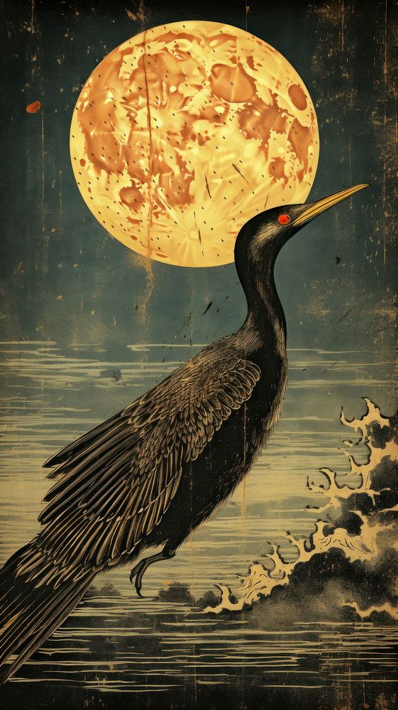 Japanese wood block print illustration of cormorant flying astronomy outdoors animal.