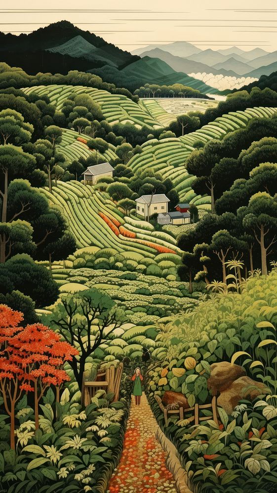 Japanese wood block print illustration of countryside landscape outdoors nature.