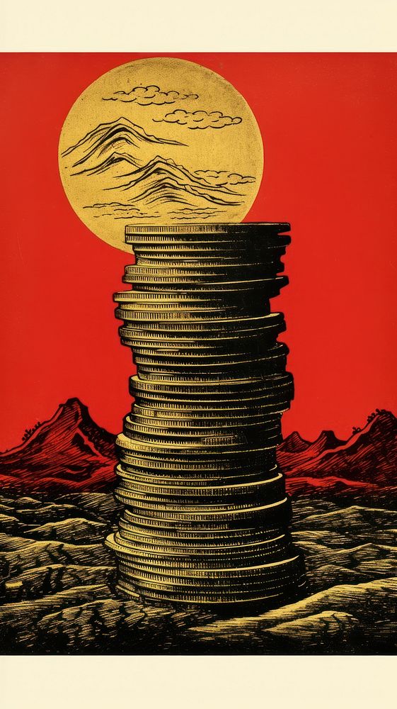 Japanese wood block print illustration of stack of gold coins cartoon poster sketch.