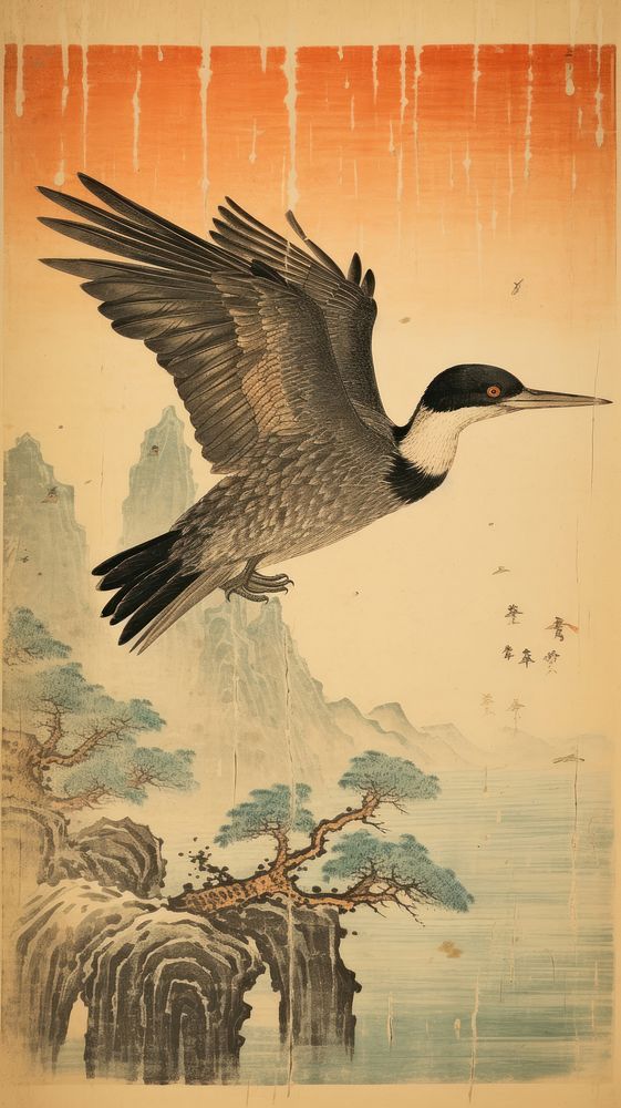Japanese wood block print illustration of cormorant flying painting animal bird.