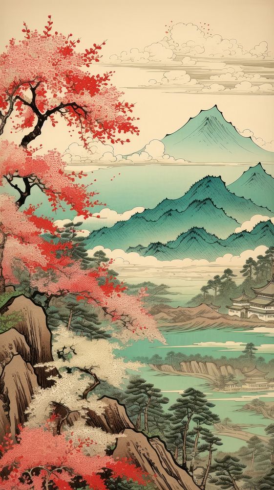 Japanese wood block print illustration of japanese countryside landscape outdoors painting.
