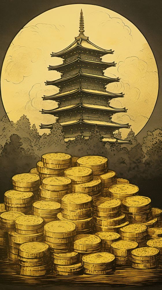 Japanese wood block print illustration of stack of gold coins architecture tradition building.