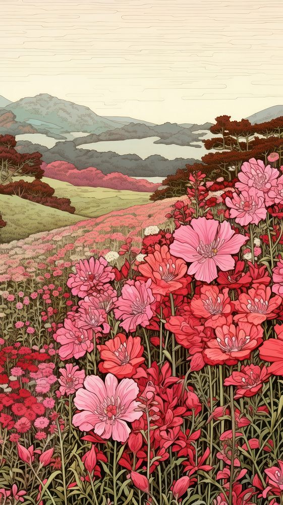 Japanese wood block print illustration of flower field landscape outdoors nature.