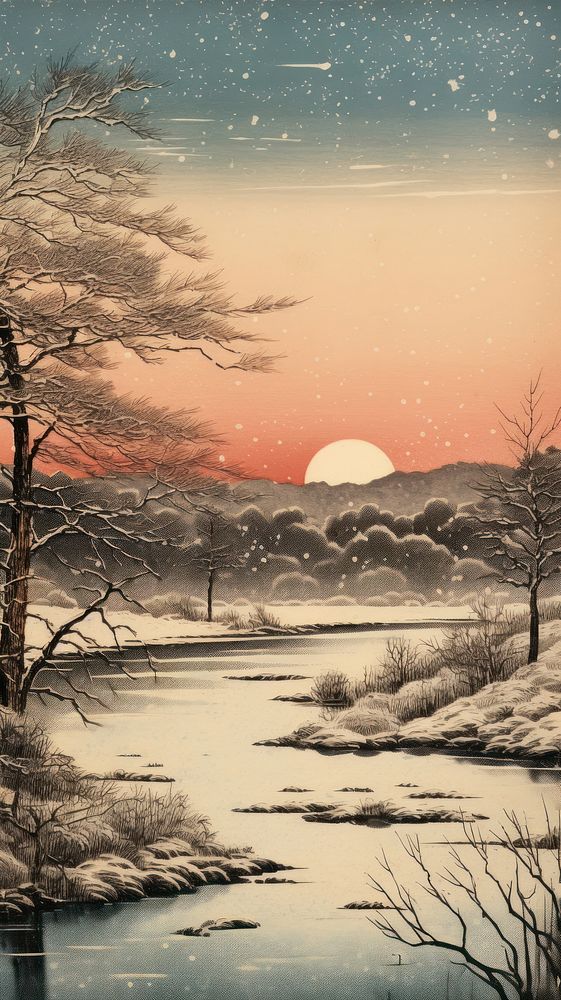 Japanese wood block print illustration of frozen lake landscape outdoors nature.