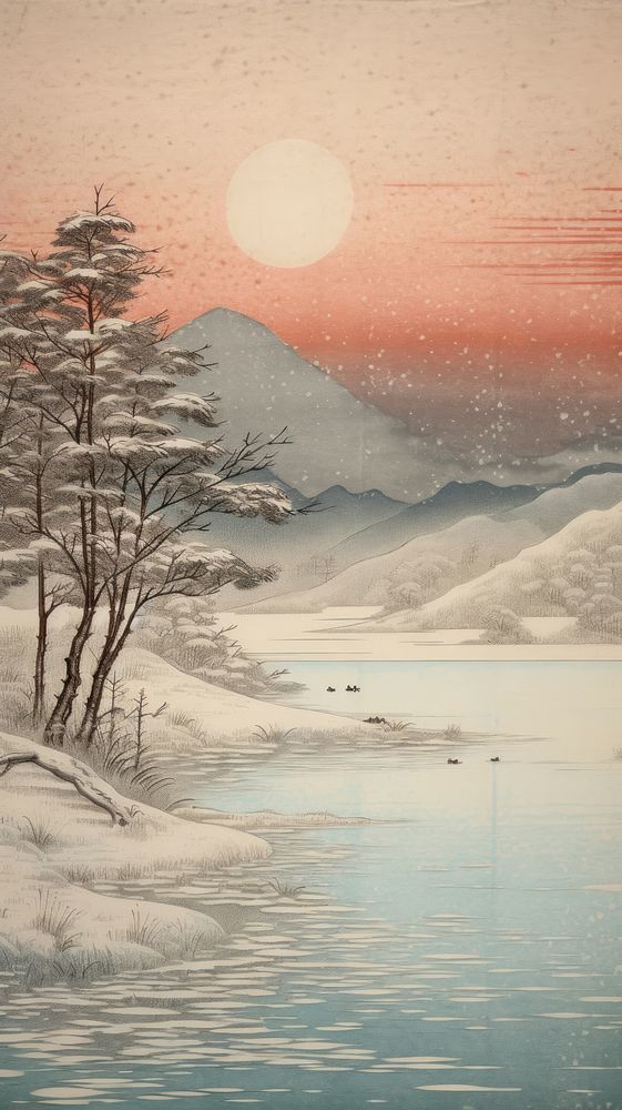 Japanese wood block print illustration of frozen lake outdoors nature winter.