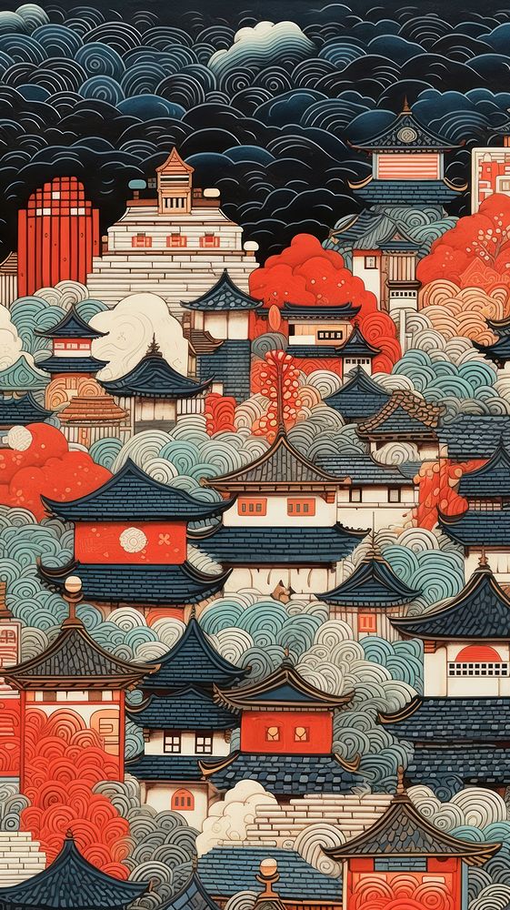 Japanese wood block print illustration of town pattern art spirituality.