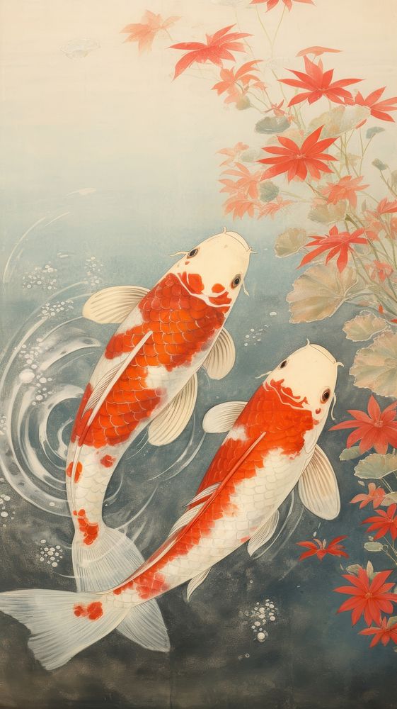 Japanese wood block print illustration of koi fish animal carp underwater.