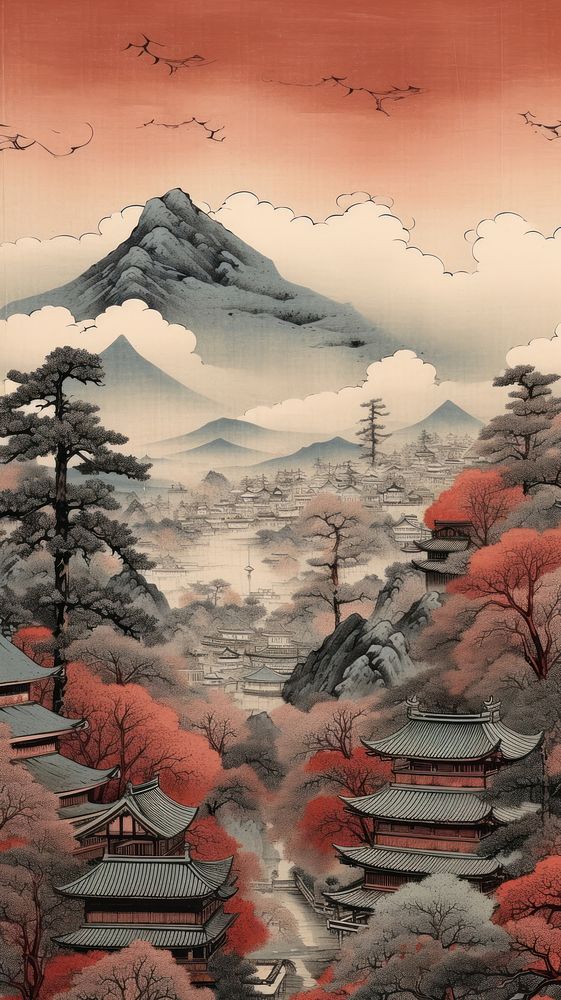 Japanese wood block print illustration of japanese village tradition landscape mountain.
