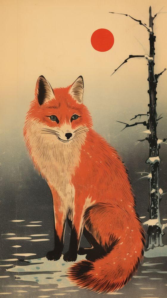 Japanese wood block print illustration of red fox wildlife animal mammal.