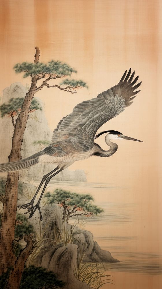 Japanese wood block print illustration of heron flying painting animal bird.