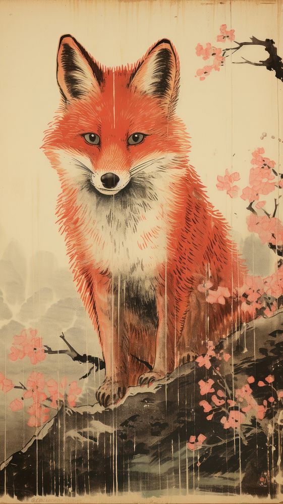 Japanese wood block print illustration of red fox wildlife painting animal.