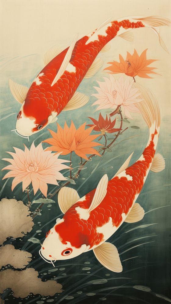 Japanese wood block print illustration of koi fish animal carp underwater.