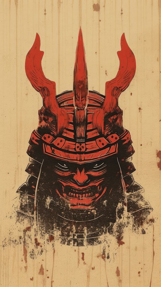 Japanese wood block print illustration of samurai helmet architecture art representation.