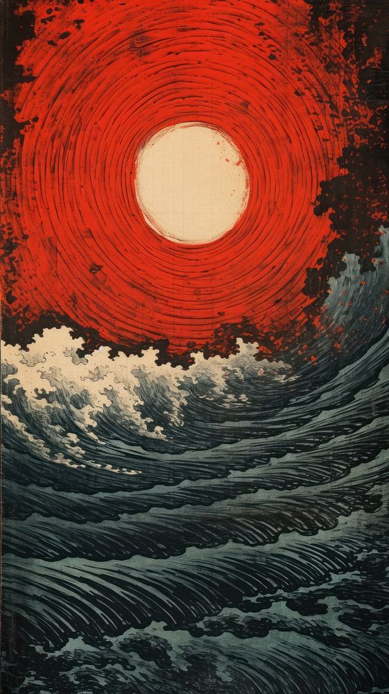 Japanese wood block print illustration of hurricane nature art tranquility.