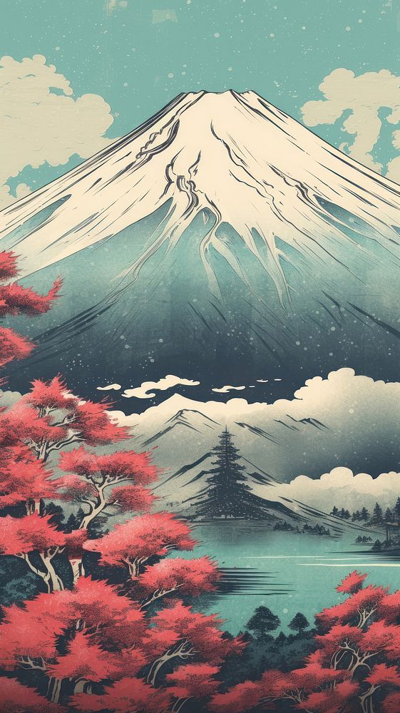 Japanese wood block print illustration of mount fuji landscape mountain outdoors.