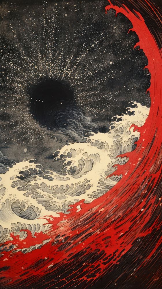 Japanese wood block print illustration of hurricane pattern ocean art.