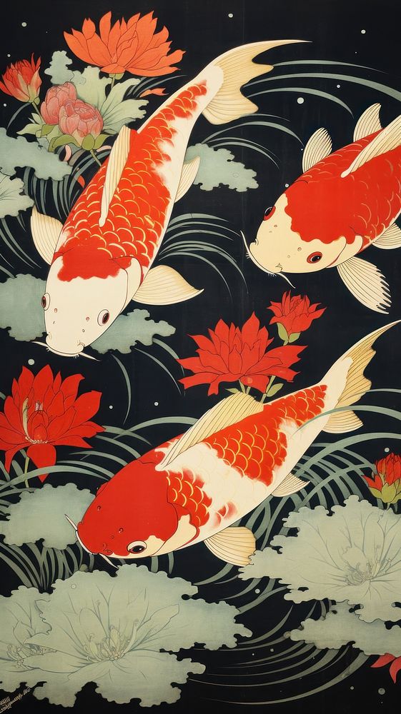 Japanese wood block print illustration of koi fish animal goldfish aquarium.