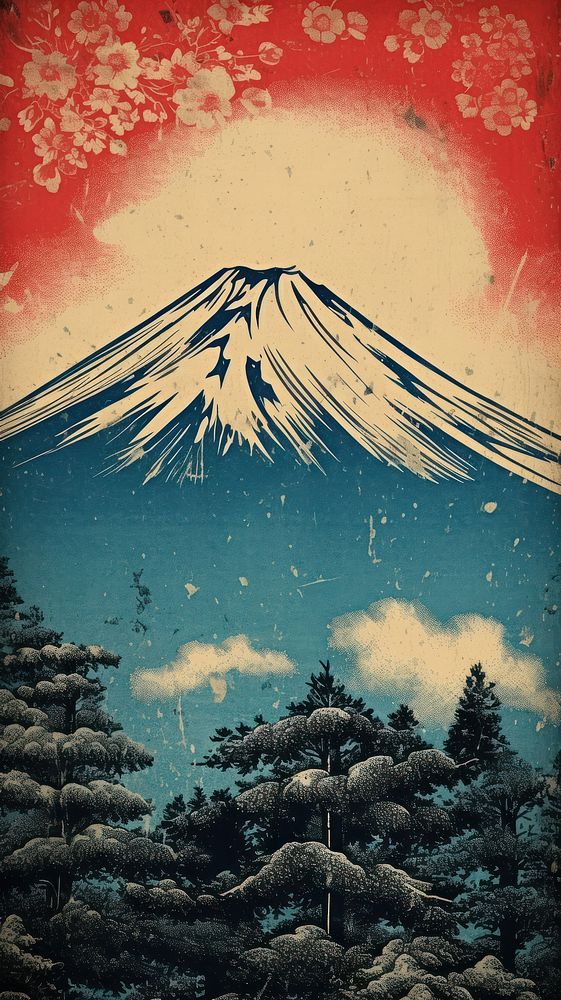 Japanese wood block print illustration of fuji mountain outdoors nature plant.