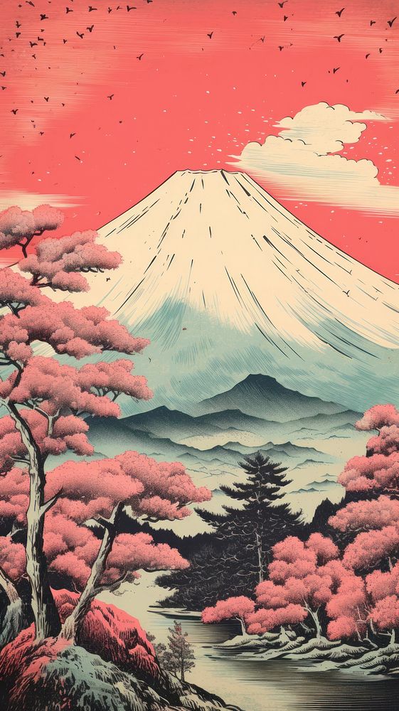 Japanese wood block print illustration of mout fuji mountain outdoors nature.