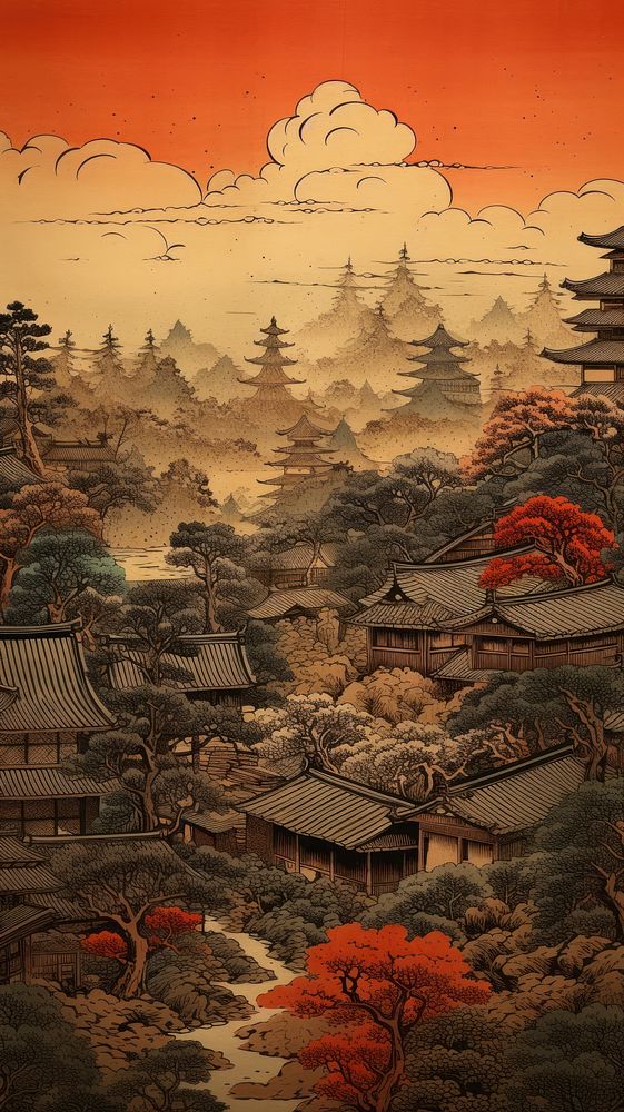 Japanese wood block print illustration of japanese edo village architecture tradition landscape.