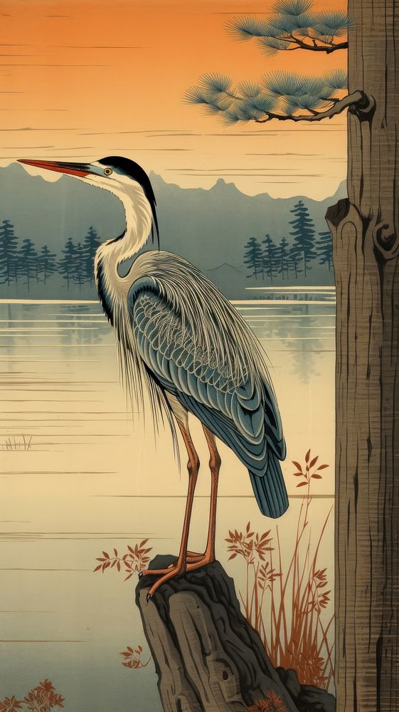 Japanese wood block print illustration of heron animal bird lakeshore.