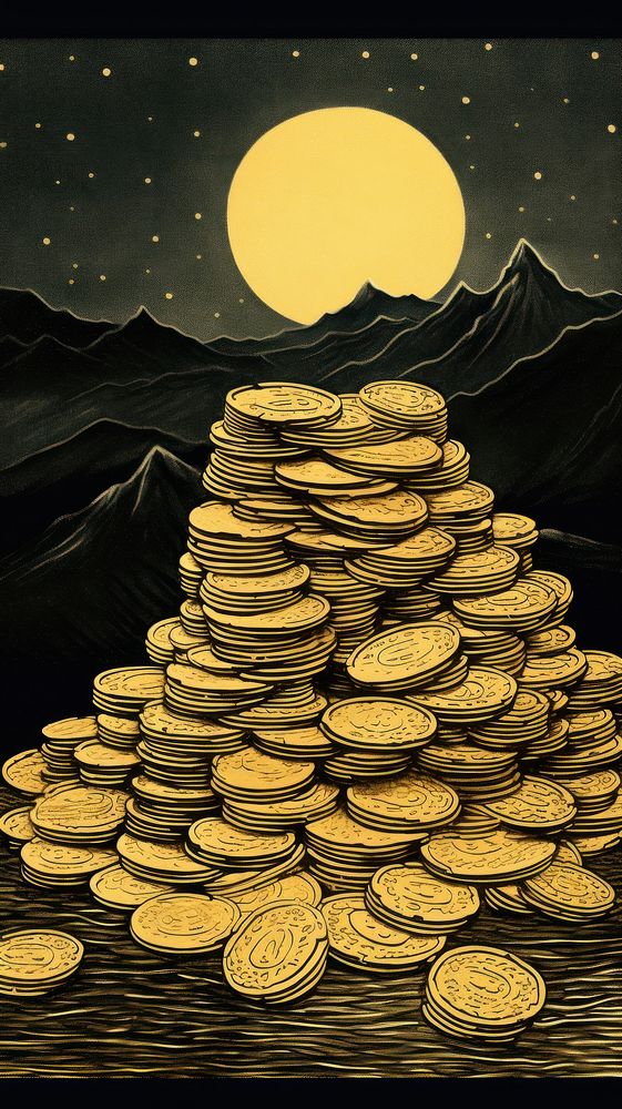 Japanese wood block print illustration of pile of gold coins night money tranquility.
