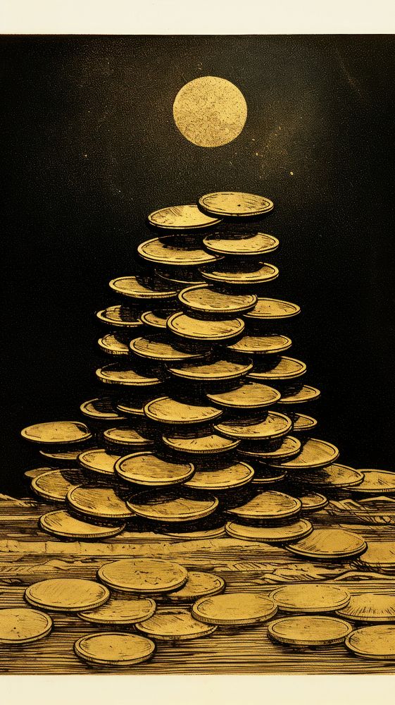 Japanese wood block print illustration of pile of gold coins night moon astronomy.