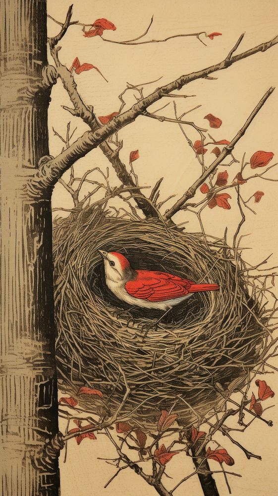 Japanese wood block print illustration of nest painting animal bird.