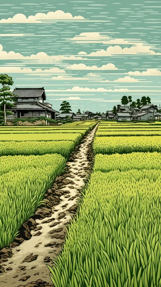 Japanese wood block print illustration of rice field architecture agriculture landscape.