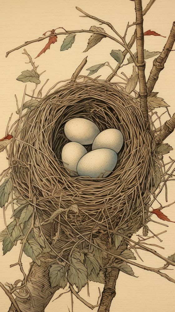 Japanese wood block print illustration of nest plant egg beginnings.