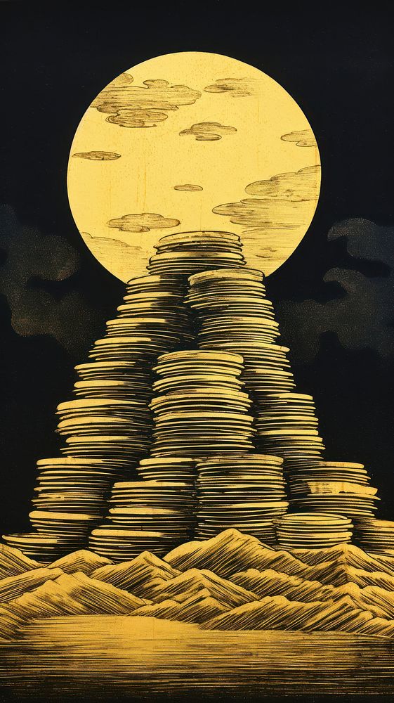 Japanese wood block print illustration of stack of gold coins architecture tranquility moonlight.