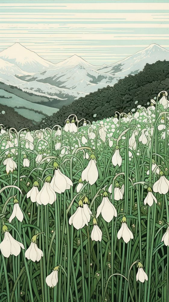 Japanese wood block print illustration of snowdrop flower field mountain outdoors nature.