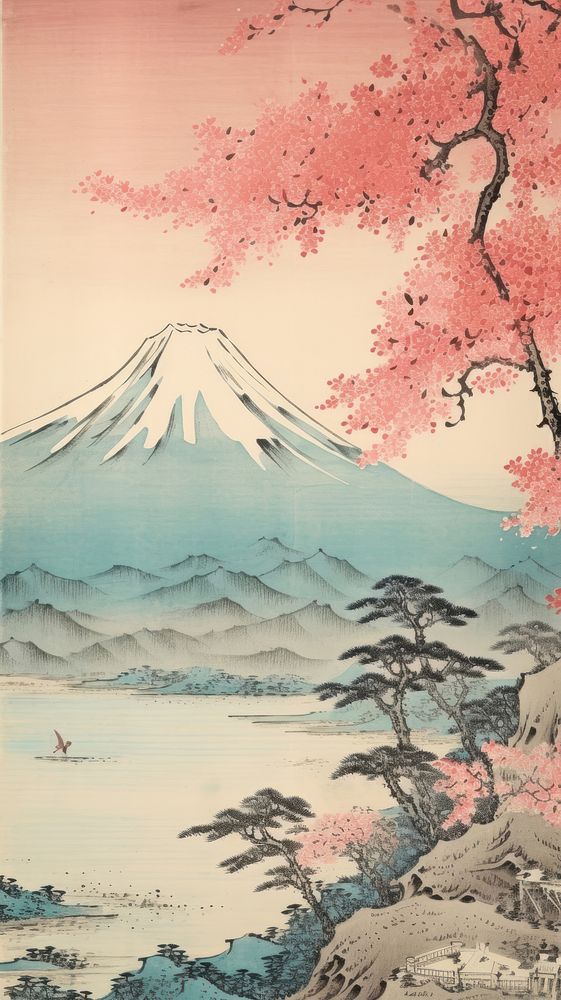 Japanese wood block print illustration of fuji mountain landscape outdoors nature.