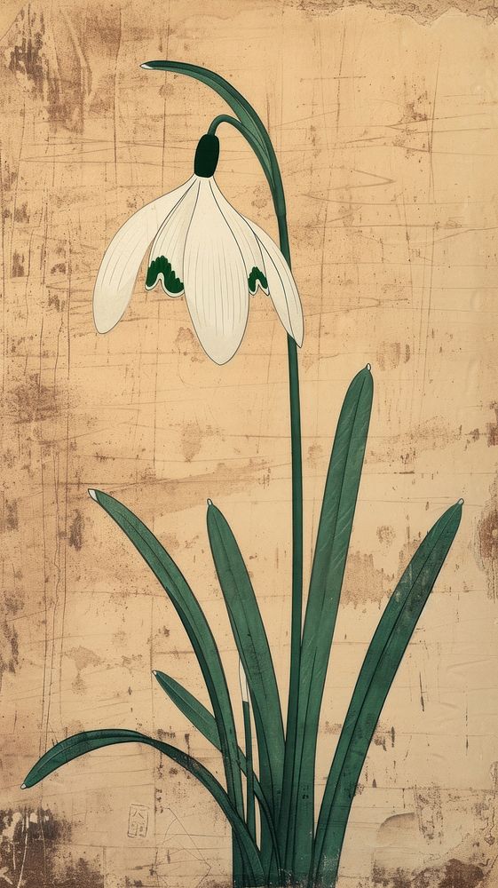 Japanese wood block print illustration of snowdrop flower plant amaryllidaceae inflorescence.