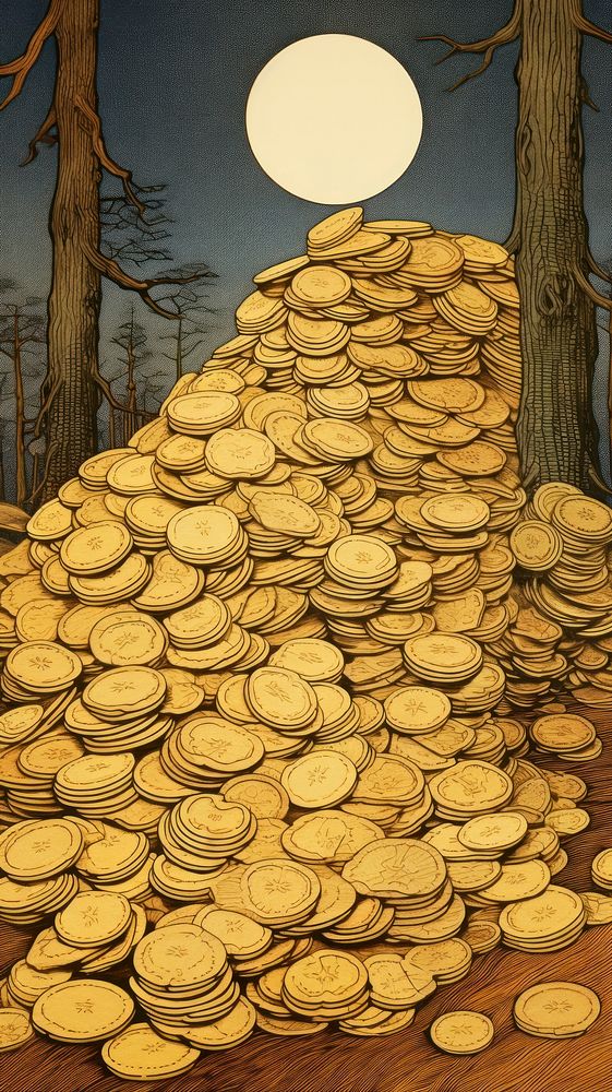 Japanese wood block print illustration of pile of gold coins money deforestation tranquility.