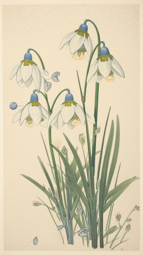 Japanese wood block print illustration of snowdrop flower plant art amaryllidaceae.