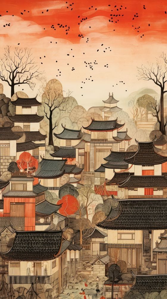 Japanese wood block print illustration of town tradition outdoors city.