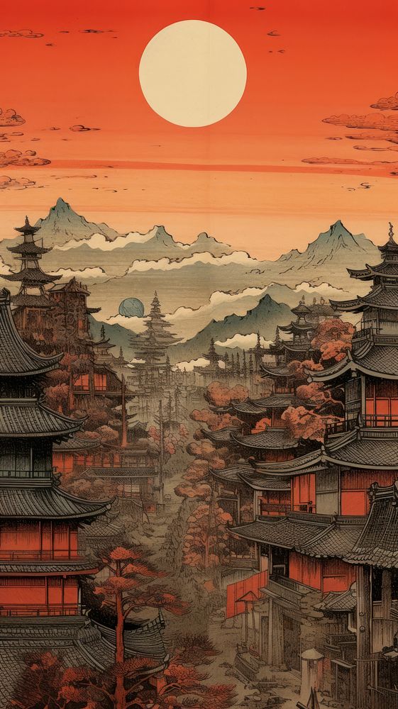 Japanese wood block print illustration of town architecture tradition building.