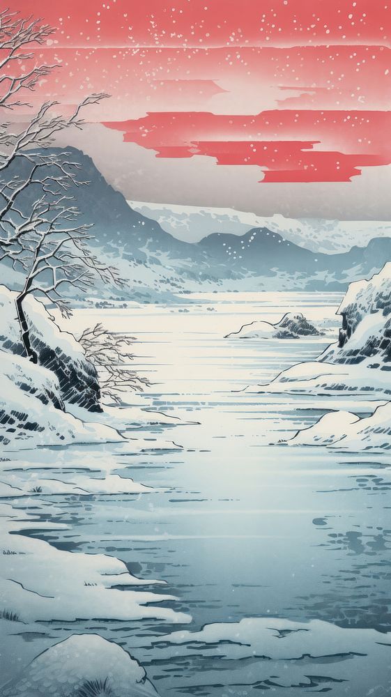 Japanese wood block print illustration of frozen lake landscape mountain outdoors.