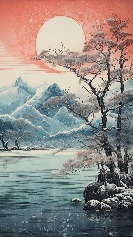 Japanese wood block print illustration of frozen lake landscape outdoors painting.