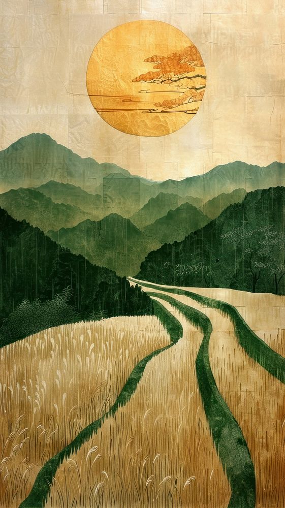 Japanese wood block print illustration of rice field agriculture landscape outdoors.