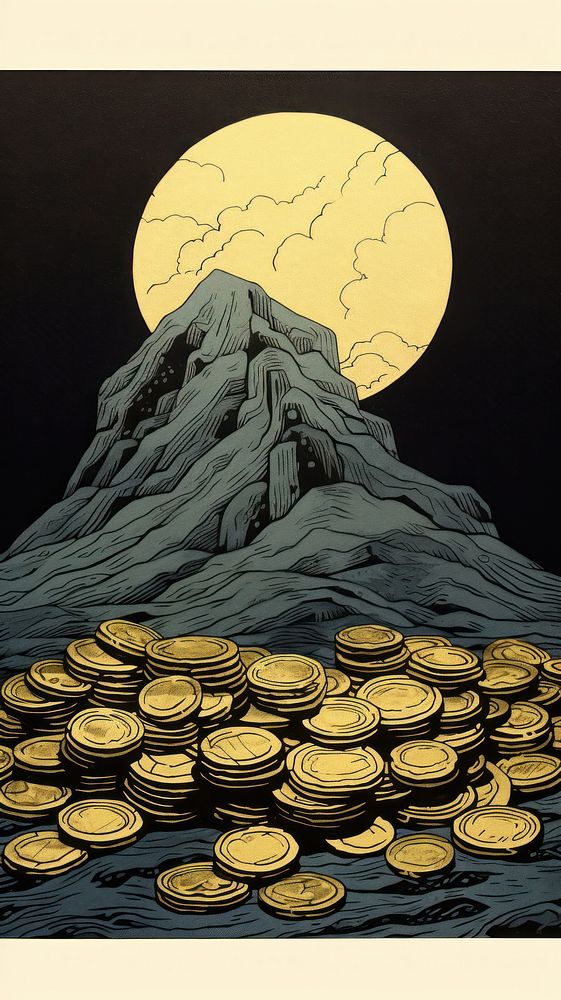 Japanese wood block print illustration of pile of gold coins nature money moon.