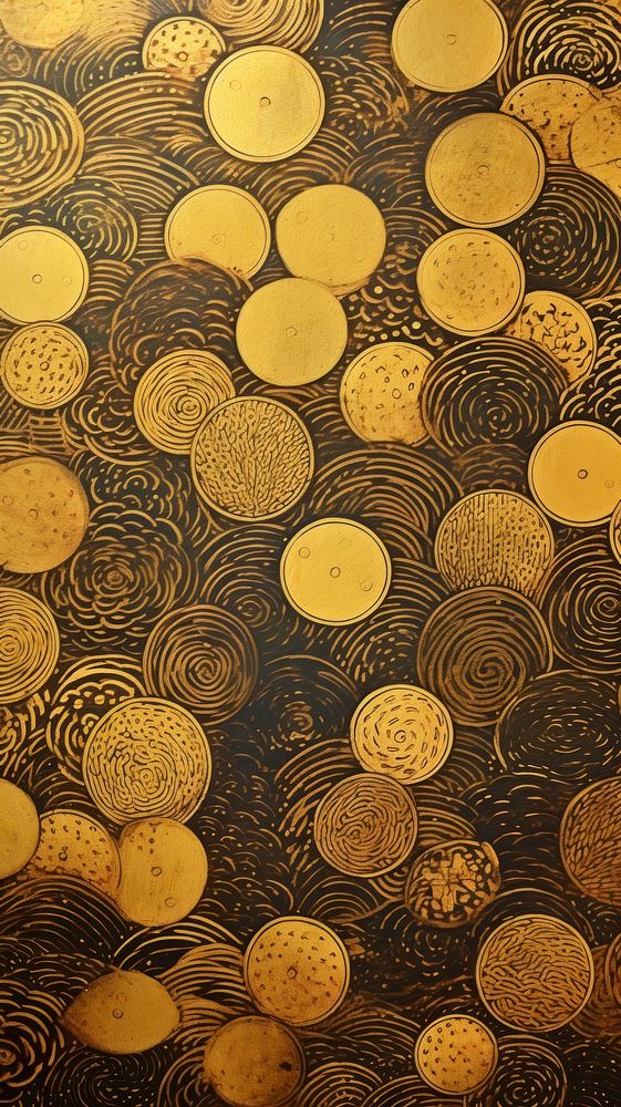 Japanese wood block print illustration of gold coins texture floor money.
