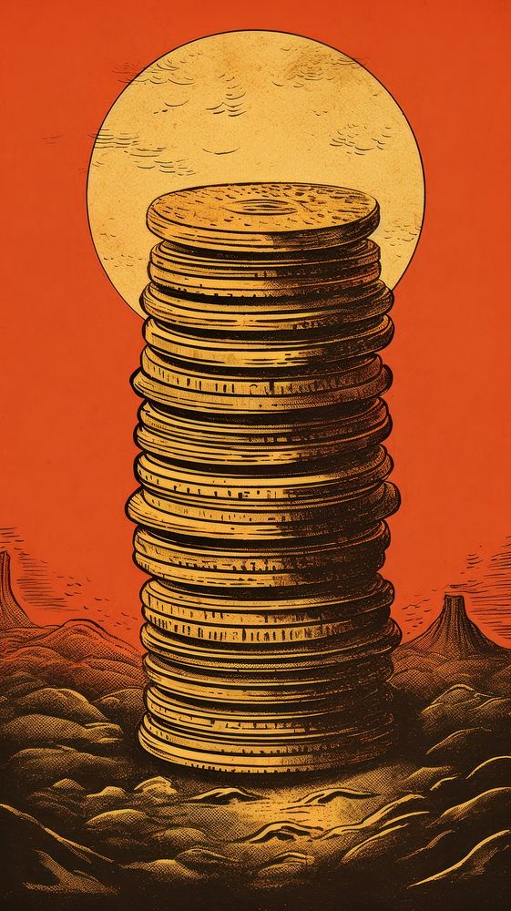 Japanese wood block print illustration of stack of gold coins money investment currency.