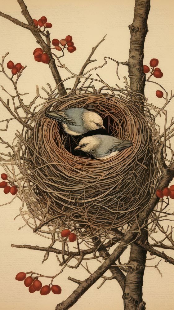 Japanese wood block print illustration of nest animal bird fragility.
