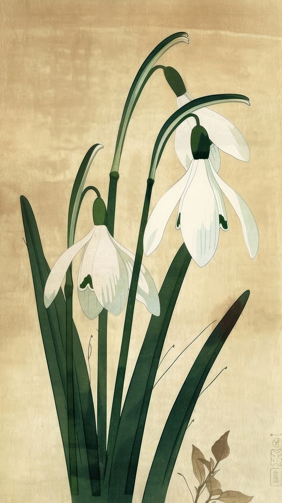 Japanese wood block print illustration of snowdrop flower painting plant art.